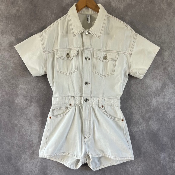 Zara Pants - Zara Denim Romper Womens Size Small White Contrast Stitch Short Sleeve Utility